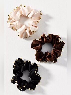 NWT Anthropologie Satin Beaded Scrunchies, Set of 3, Cream Brown Black